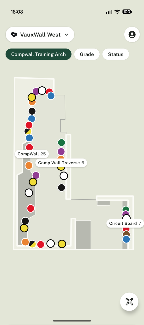 The Holdini app's map of a climbing gym, with every climb pinned to its wall